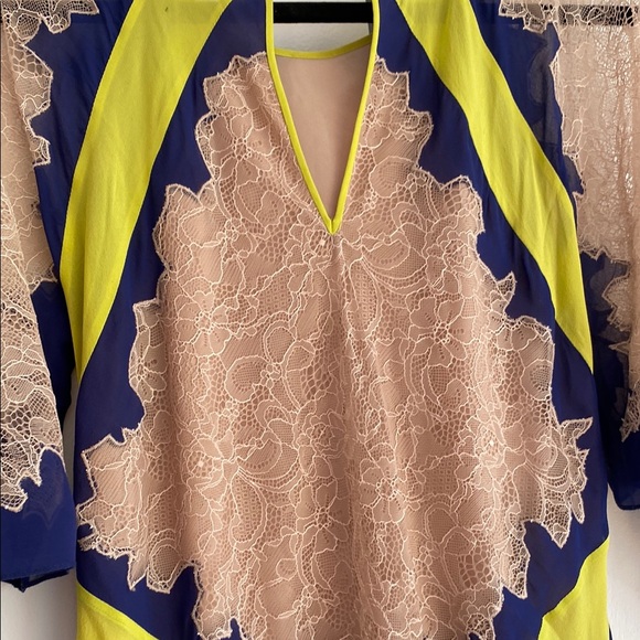 BCBG MaxAzria RUNWAY - Elegant Lace Dress with Blue and Yellow Accents - Picture 6 of 8